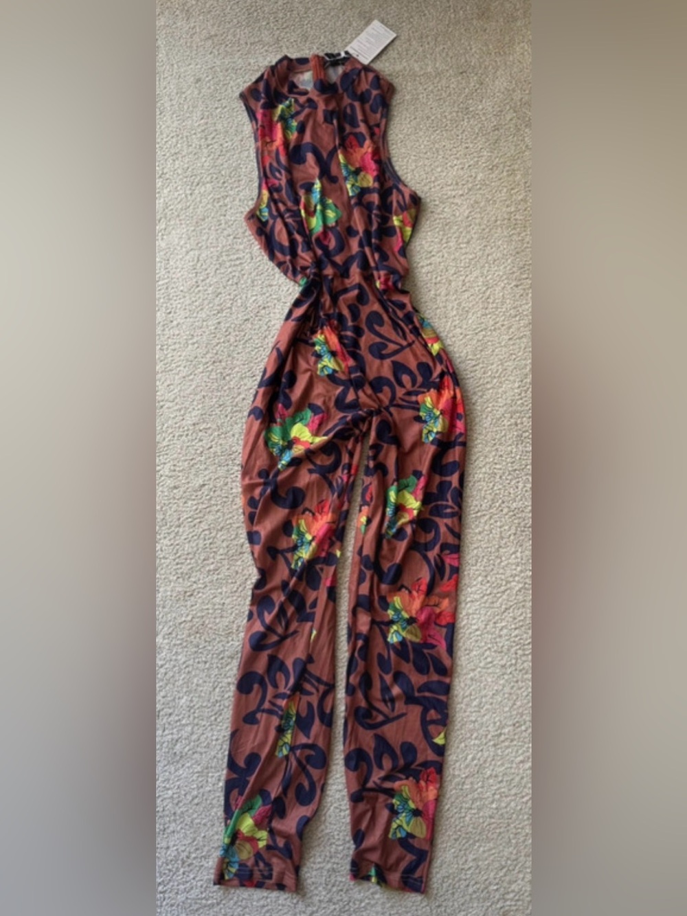 Brown Floral-Print Sleeveless Jumpsuit with Navy Vine Motif NWT